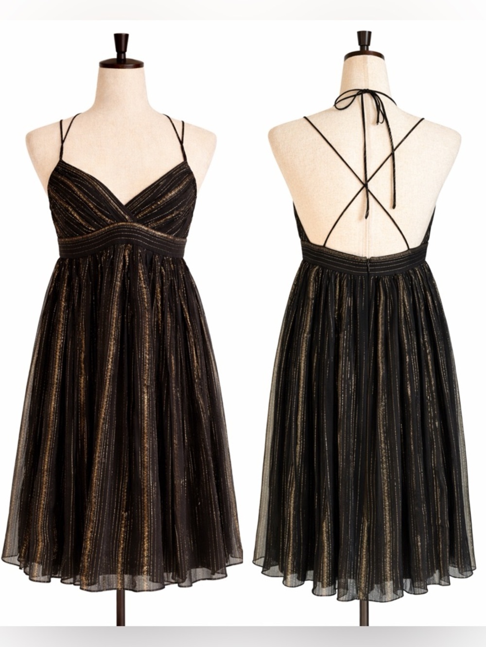 Arden B silk metallic gold and black babydoll dress- tie Spaghetti straps-- 6